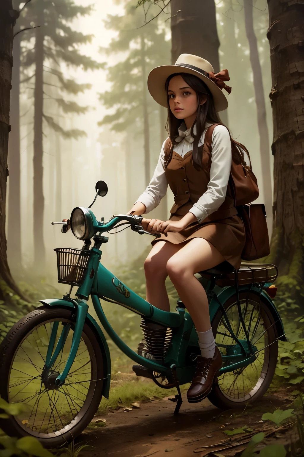 Neo Surrealism, magical realism bizarre art, pop surrealism, whimsical art. Generate an illustration of a painting of a girl with hat riding an old fashioned bicycle on the magic forest