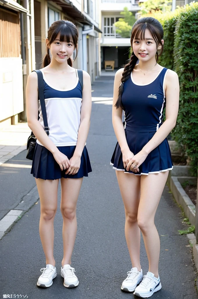 2 girls standingin sunny Japanese street,navy blue school swimsuit with white trim,student bag,18-year-old,bangs,a little smile,thighs,knees,short hair with low pigtails bunches,from before,front light