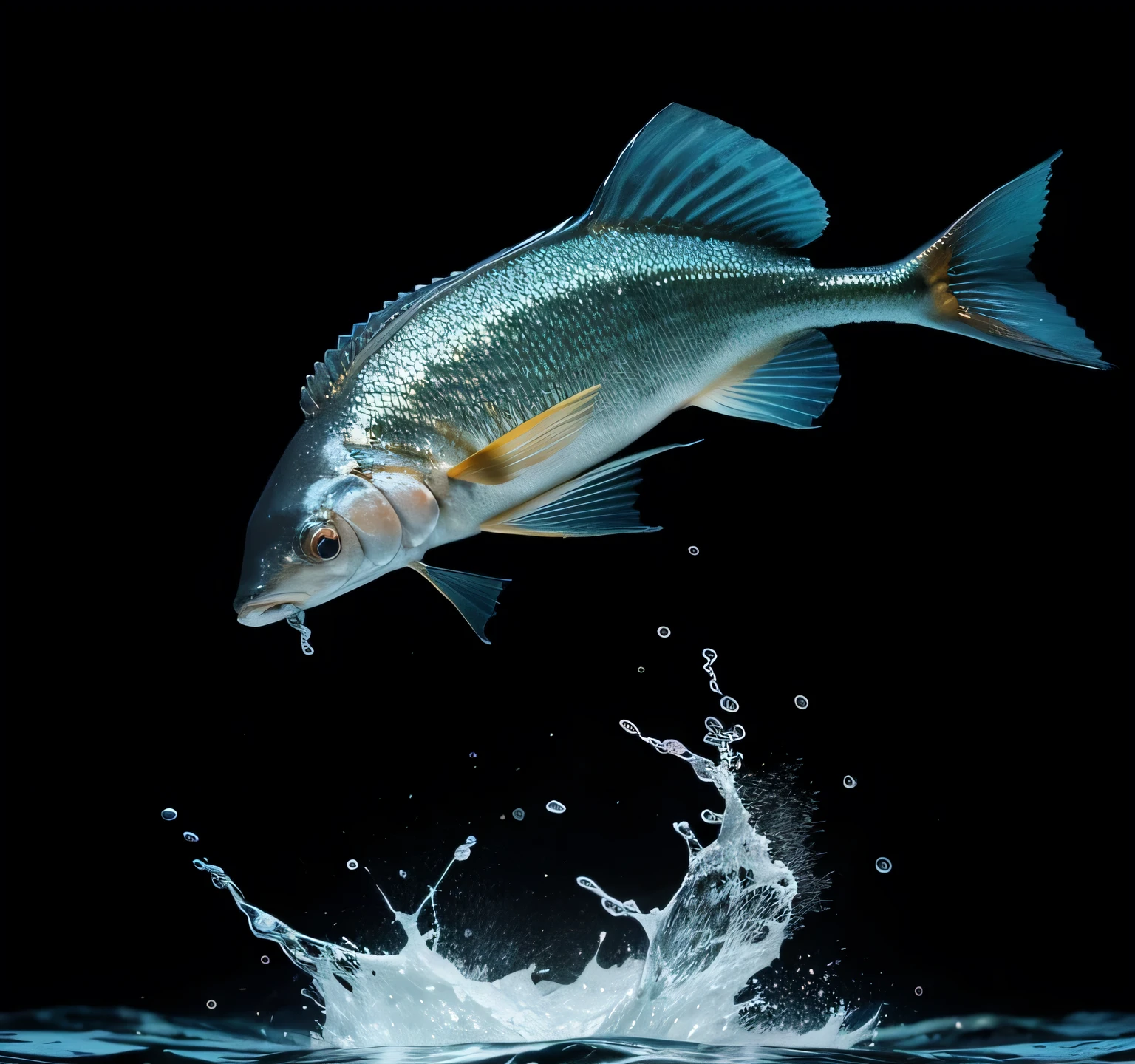 A fish jumping out of the water with a black background 