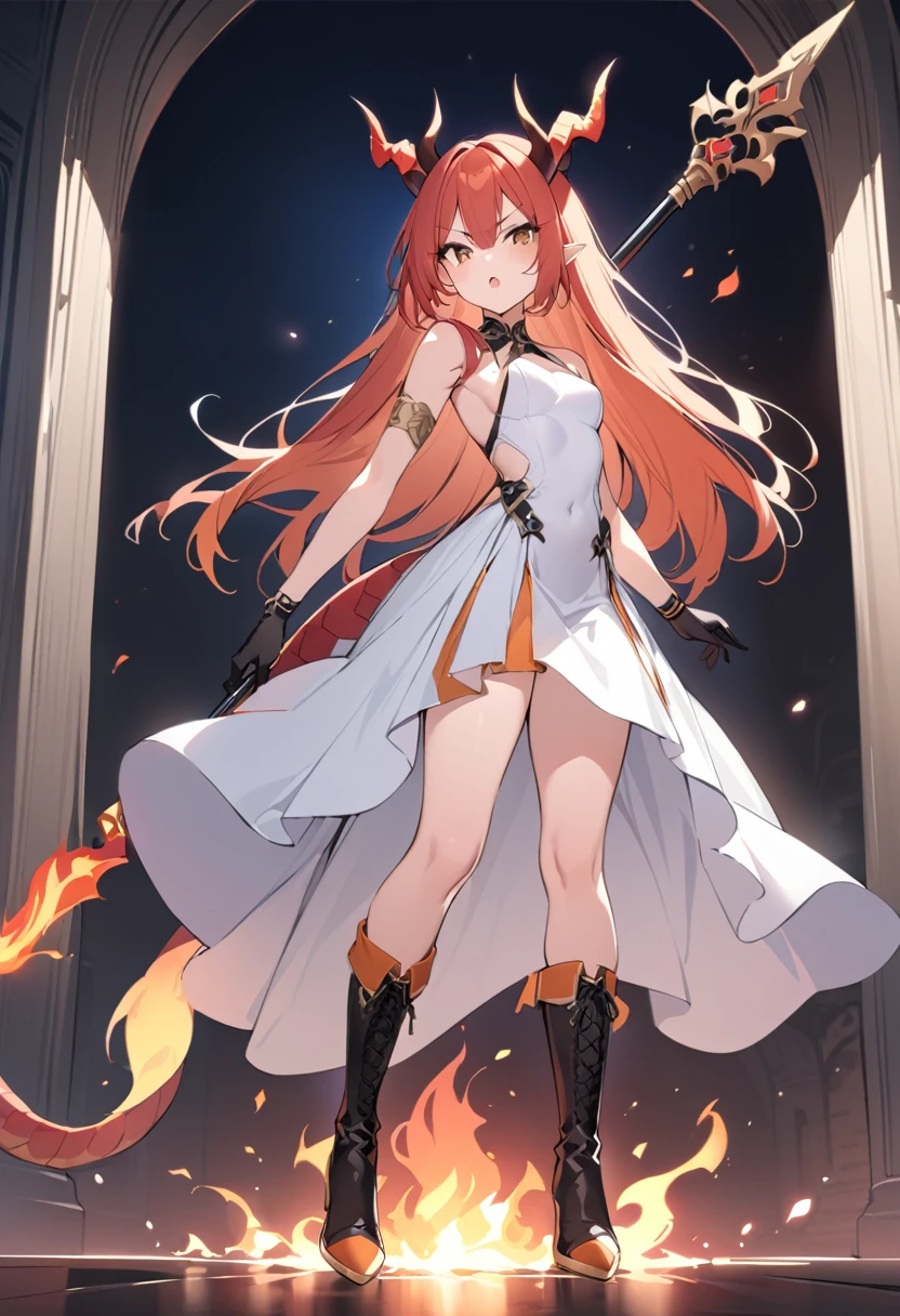 ((Best Quality, 8k, Masterpiece: 1.3)), Full Body, Anime, red hair, long hair, orange eyes, , fox ears, fox tail, big boobs, big ass, short skirt, tattered clothes, topless, looking at viewer, erotic expression, spreading legs, horny,