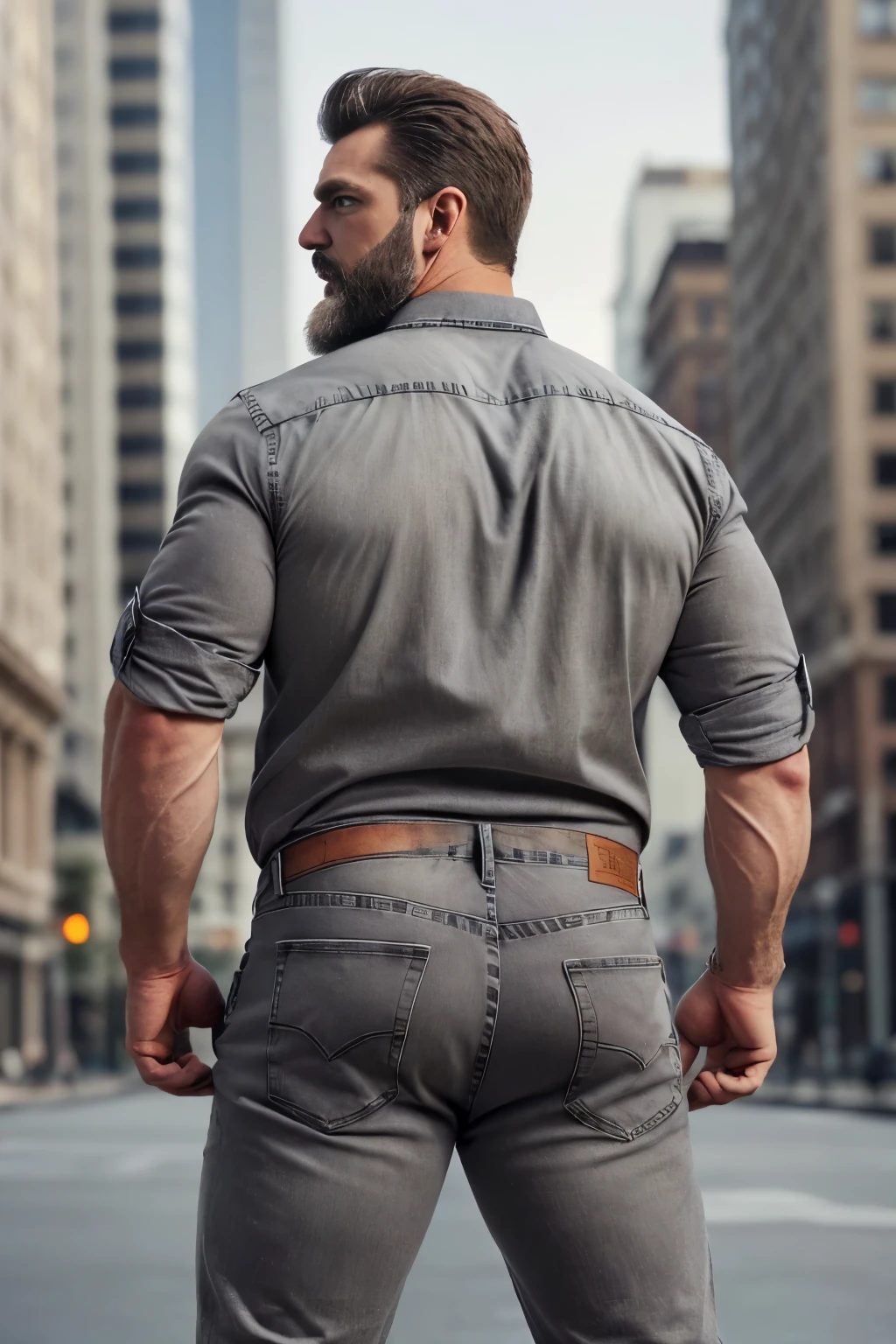 Mature man, very handsome, best quality, shirt formal ((gray jeans), hairy chest , masterpiece, super high resolution, detailed background, reality, , single, 1 boy, muscle man, beard, in the city, muscle, facial hair, volumetric lighting, depth of field, wheezing, raised crotch, handsome action, big dynamics,(((backside))) (((Big butt)))