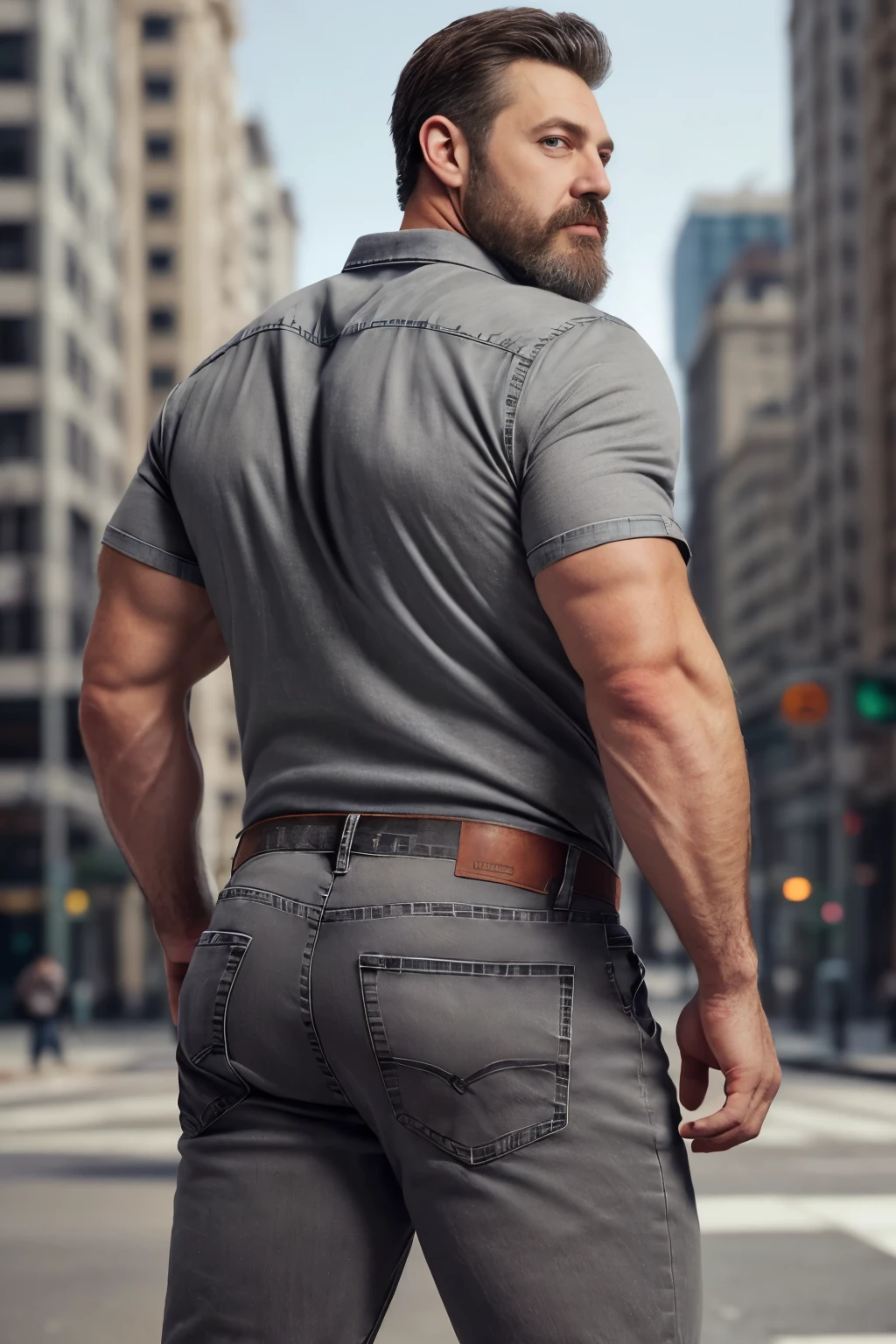 Mature man, very handsome, best quality, shirt formal ((gray jeans), hairy chest , masterpiece, super high resolution, detailed background, reality, , single, 1 boy, muscle man, beard, in the city, muscle, facial hair, volumetric lighting, depth of field, wheezing, raised crotch, handsome action, big dynamics,(((backside))) (((Big butt)))