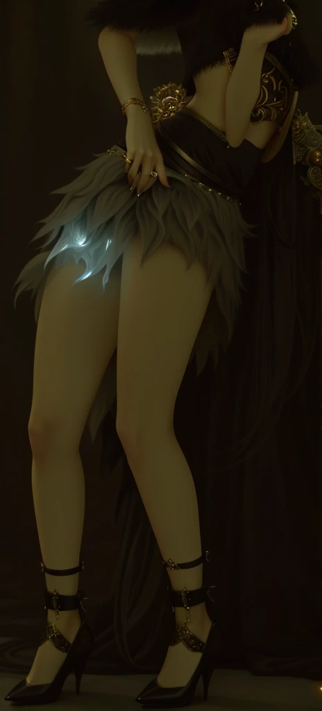 A werewolf, its fur a mix of silver and gold, eyes glowing with an otherworldly intensity. The image is  a digitally rendered painting,Cropped shoulders, Mini skirt, Big thighs, Oily skin, The werewolf's claws are adorned with ornate Victorian engravings, contrasting against its savage appearance. The background is a smoky, dimly lit aleyway, adding an air of mystery to the already captivating creature. The overall quality of the image is absolutely breathtaking, showcasing the artist's skill in blending fantasy 
and historical elements seamlessly.