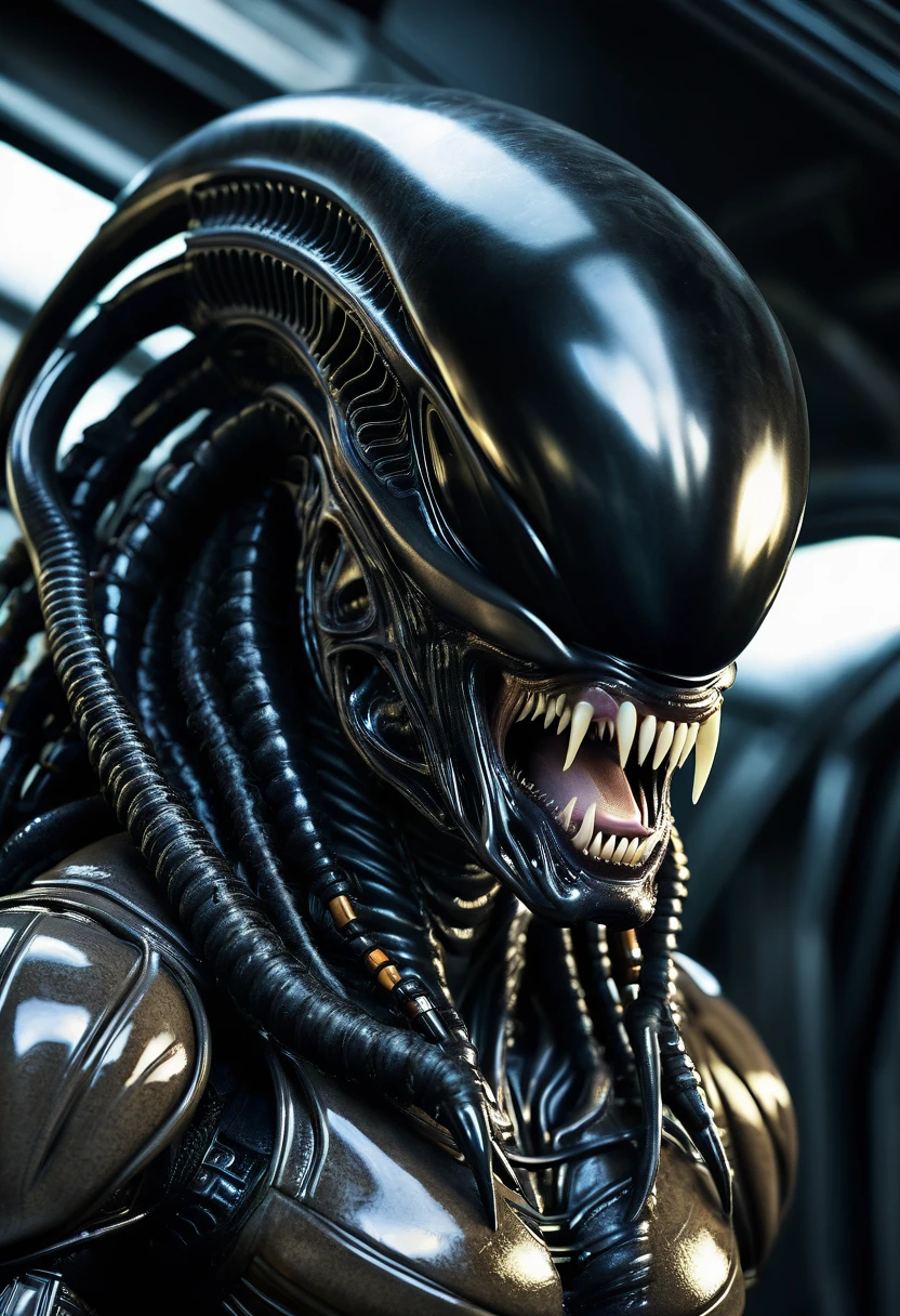 (((Very close up (((Predator fusion Xenomorph Alien the eighth passenger))),(((black color))) surreal and cinematographic images Color Splash images))),(((Front Images))),(((dreadlocks))),(((dragon balls Dragon Ball Z)))