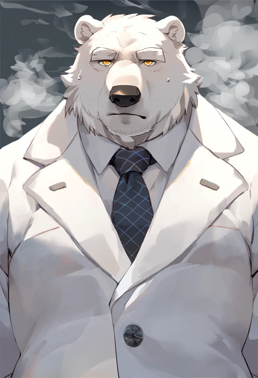 polar bear,personification,Mature male,Strong Man,White hair,naked,Cold expression,Golden pupils,Suit attire,The Age of Steam。