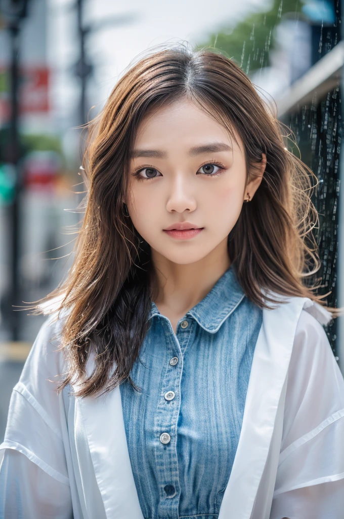 ((Best Quality, 8k, Masterpiece: 1.3)), Focus: 1.2, Perfect Body Beauty: 1.4, Buttocks: 1.2, (Layered Haircut: 1.2)), (Rain, Street:1.3), Highly detailed face and skin texture, Fine eyes, Double eyelids, Whitening skin, Long hair, (Round face: 1.5), sweet_ta