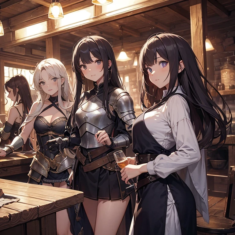A group of female medieval fantasy adventurers, (in tavern), various hair styles, harem, night, details face, short skirt, seducing, sleeveless, armor