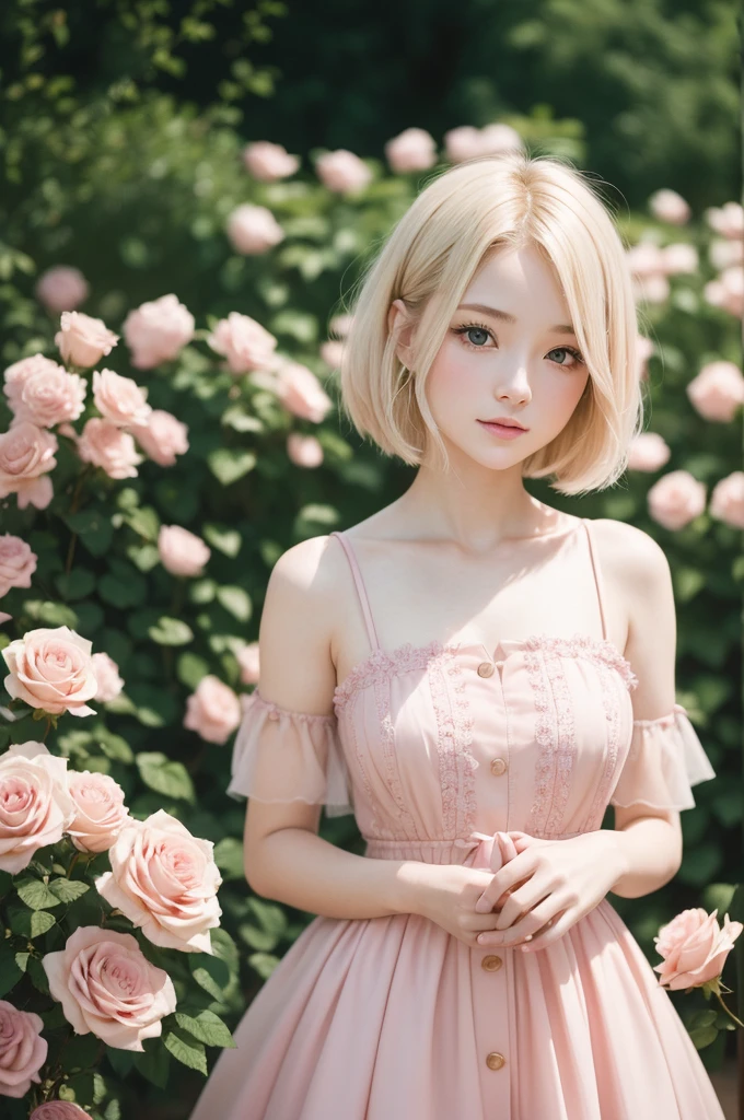 8K, CRU photo, Fujifilm, style photo of a beautiful young woman like Avril in a light pink rose garden (highly detailed skin: 1.2) Style-Petal BREAK short hair, blonde hair with colored highlights, wearing a dress, film grain, 35mm, cute style
