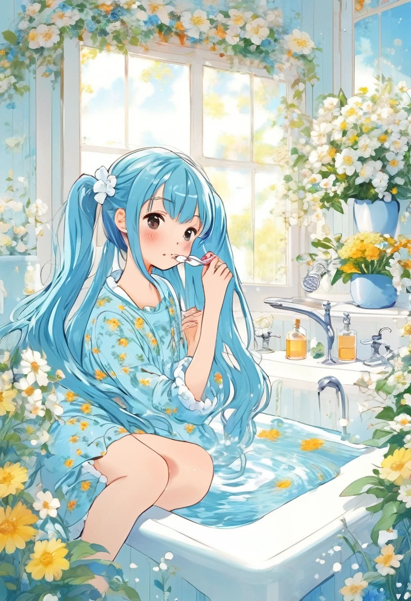 Brushing your teeth　Have a toothbrush　Light blue long hair　Beautiful girl with twin tails　Just woke up　A bright, sunny washstand　White floral pajamas、There are lots of flowers around　