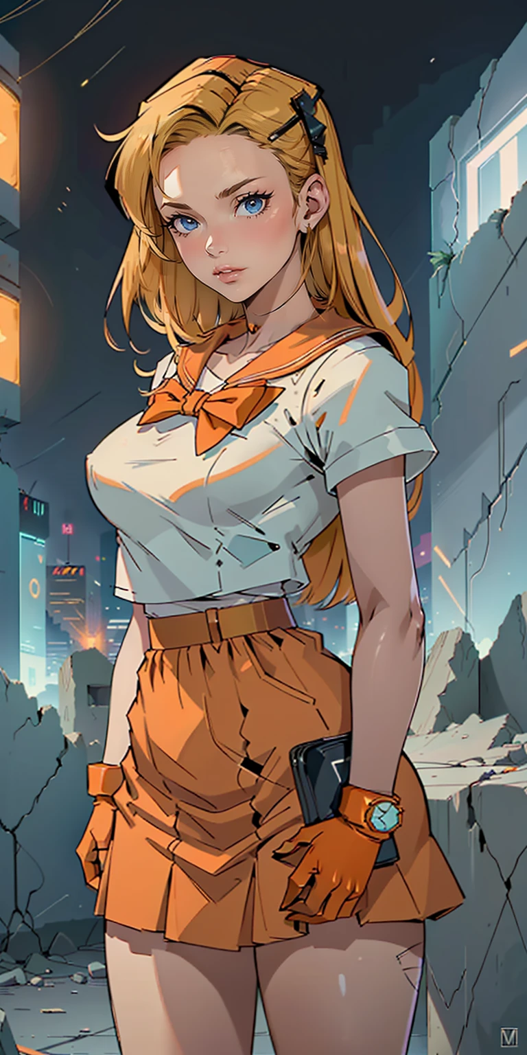 (La mejor calidad,A high resolution,Ultra - detallado,actual),Selena Gomez, (masterpiece, best quality;1.3), very detailed CG, very detailed, 1 girl, alone,  laugh,  looking at viewer, stylish angle, blonde long hair,blue eyes, huge 
sv1, Sailor Sensi Uniform, Orange skirt, elbow bag, tiara, Orange Sailor Color, red bow, Orange Choker, white gloves, bijouterie, from above,,(Fondo de ruinas de mazmorra en ruinas cyberpunk :1.4 )
I have a lot of heart, face focus,venus,hurricane,abstract background, galaxy background,(Sailor Venus:1.4), (Sailor Venus V2.1), ,(Fondo de ruinas de mazmorra en ruinas piedras grandes cyberpunk :1.4 ),(perfect anatomy :1.4), (cinematic lighting :1.4),( dynamic cowboy pose), (fondo lluvia cayendo nublado tenebroso :1.4), (Selena Gomez :1.4), (Selena Gomez V2.1),( dedos detailed :1.4) 