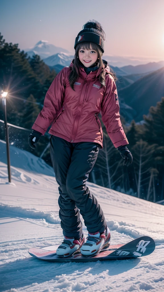 ((A girl playing on the slopes)), (Japanese, beautiful girl, Cute face), Perfect Style, ((Detailed eyes and face, Professional photography techniques, Cinema Lighting)), Detailed hands, (Highest quality, 8K, masterpiece:1.2, RAW Photos), (Reality:1.4), View the viewer, ((Cute Snowboard Wear:1.2)), (Perfect Anatomy:1.3)