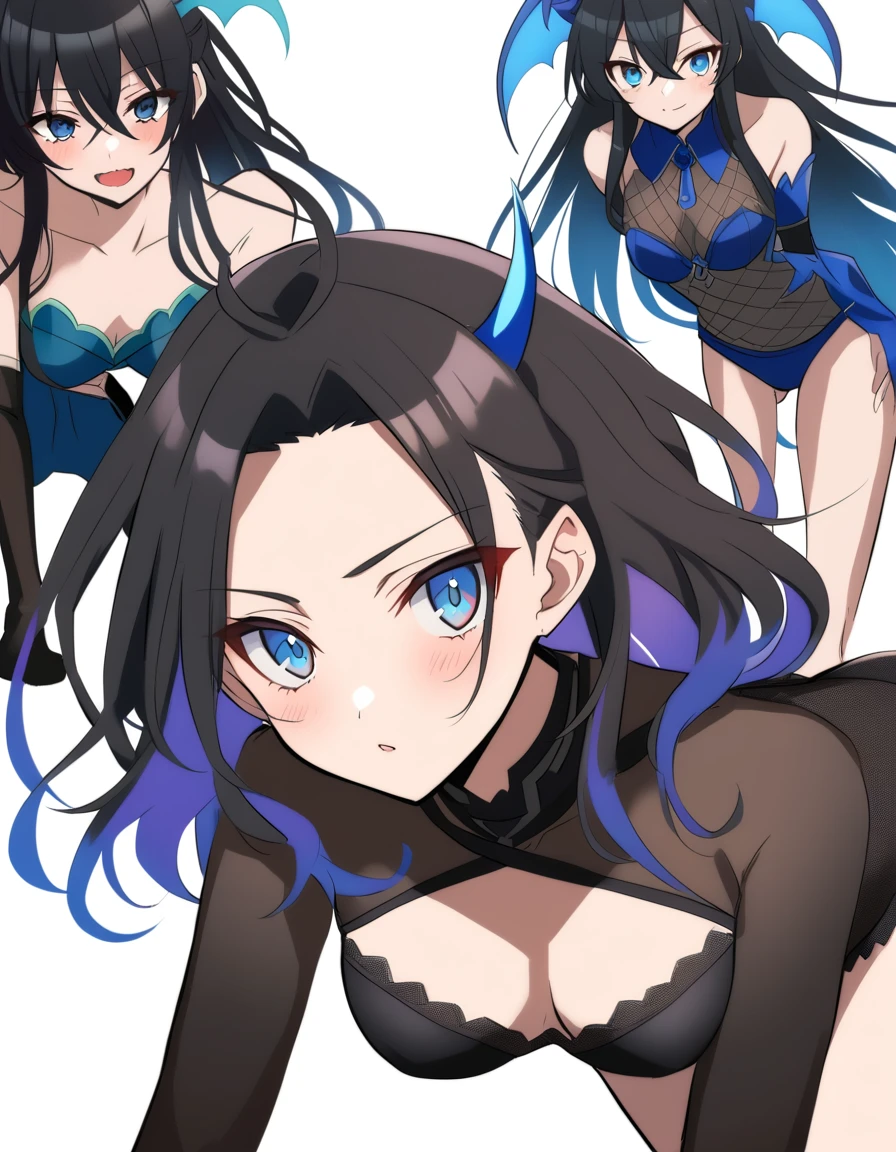 vtuber, Ichinose Uruha, Anime girl with black hair, blue mesh and blue eyes, I can see her black underwear, Enchanting anime girl, Devil Anime Girl, Anime Moe Art Style, Beautiful Succubus, , Devil Girl, All fours pose