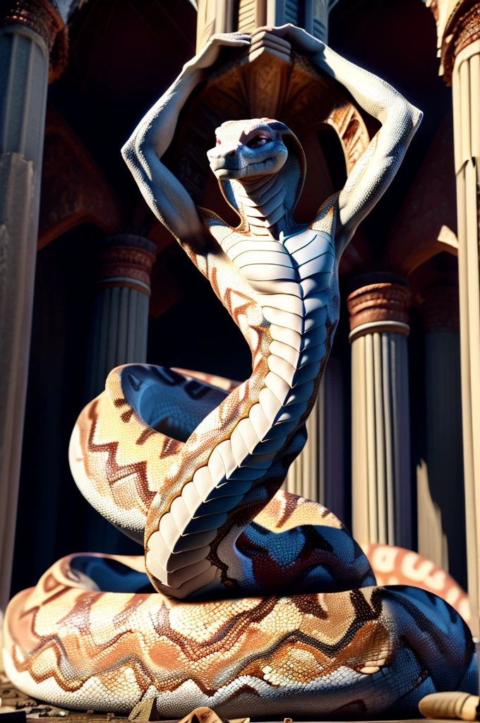 Anthropomorphic cobra, девушка -cobra, High quality detailed 8K graphics , snake, white scales, slim, ruin, high, cunning, posing, sexual, arrogant, small waist, Дракон head, antro, Scales, ((albino)) , cobra, high quality, masterpiece, small parts