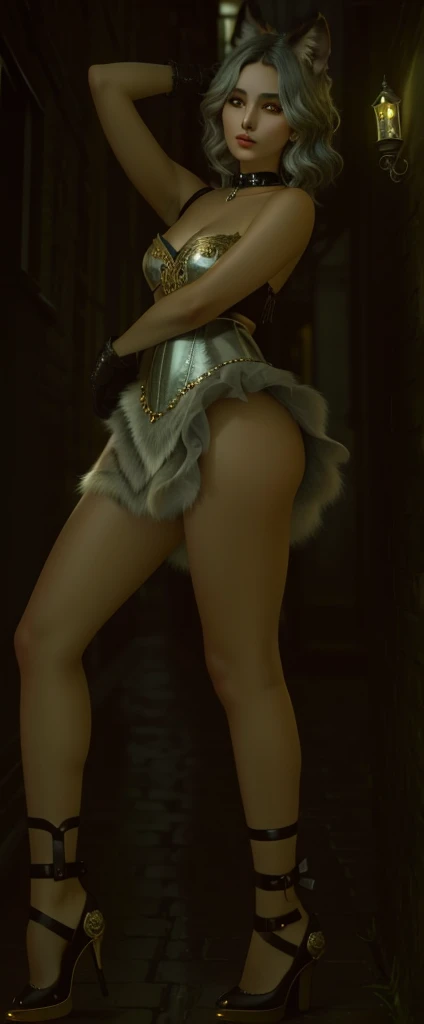 A werewolf, its fur a mix of silver and gold, eyes glowing with an otherworldly intensity. The image is a digitally rendered painting,Cropped shoulders, Mini skirt, Big thighs, Oily skin, The werewolf's claws are adorned with ornate Victorian engravings, contrasting against its savage appearance. The background is a smoky, dimly lit alleyway, adding an air of mystery to the already captivating creature. The overall quality of the image is absolutely breathtaking, showcasing the artist's skill in blending fantasy
and historical elements seamlessly.