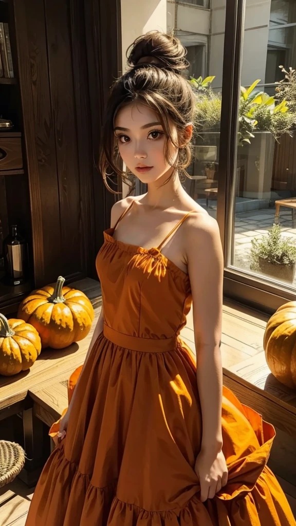 Girl with pumpkin-like hairstyle.Wearing a gorgeous dress