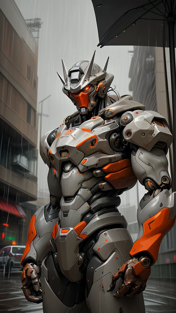 Alpha Male Portrait Photo, Perfect eyes, Wearing gray mecha suit,, (Steel Metal [rust]), elegant, sharp focus, photography：Greg Rutkoski, Soft Light, bright colors, masterpiece, ((street)), Cowboy shooting, dynamic poses, The rain is falling，Outside the street，cloudy day，Heavy rain