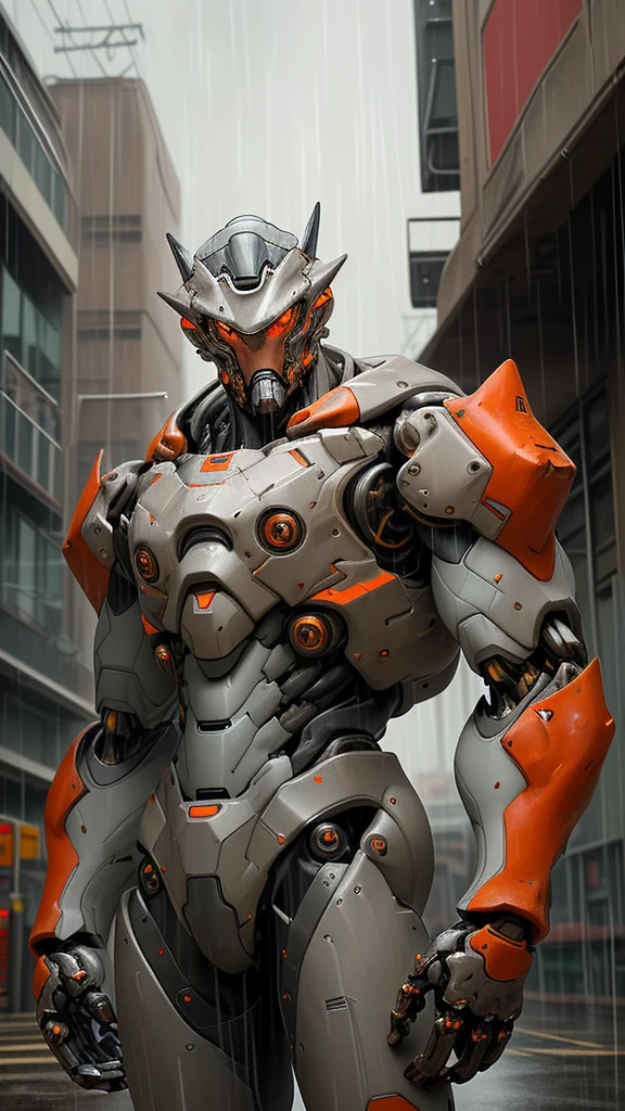 Alpha Male Portrait Photo, Perfect eyes, Wearing gray mecha suit,, (Steel Metal [rust]), elegant, sharp focus, photography：Greg Rutkoski, Soft Light, bright colors, masterpiece, ((street)), Cowboy shooting, dynamic poses, The rain is falling，Outside the street，cloudy day，Heavy rain