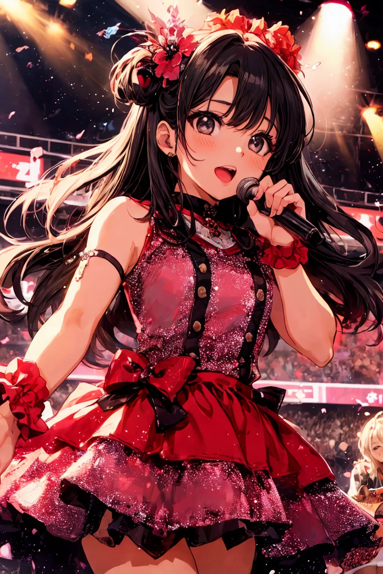Very cute and beautiful K-POP female idols, singing at live stage in ゴンドラ,
break,
Face close-up, Singing scene, Dress scene, Looking at the audience,
break,
Expressing idols in bright colors, Colorful idol dresses, Expressing the idol's singing voice with warm colors、Facing forward