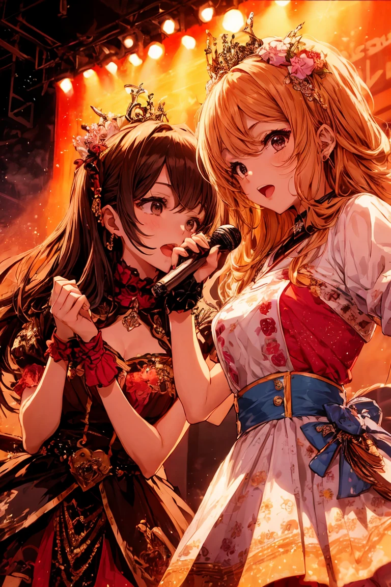 Very cute and beautiful K-POP female idols, singing at live stage in ゴンドラ,
break,
Face close-up, Singing scene, Dress scene, Looking at the audience,
break,
Expressing idols in bright colors, Colorful idol dresses, Expressing the idol's singing voice with warm colors、Facing forward