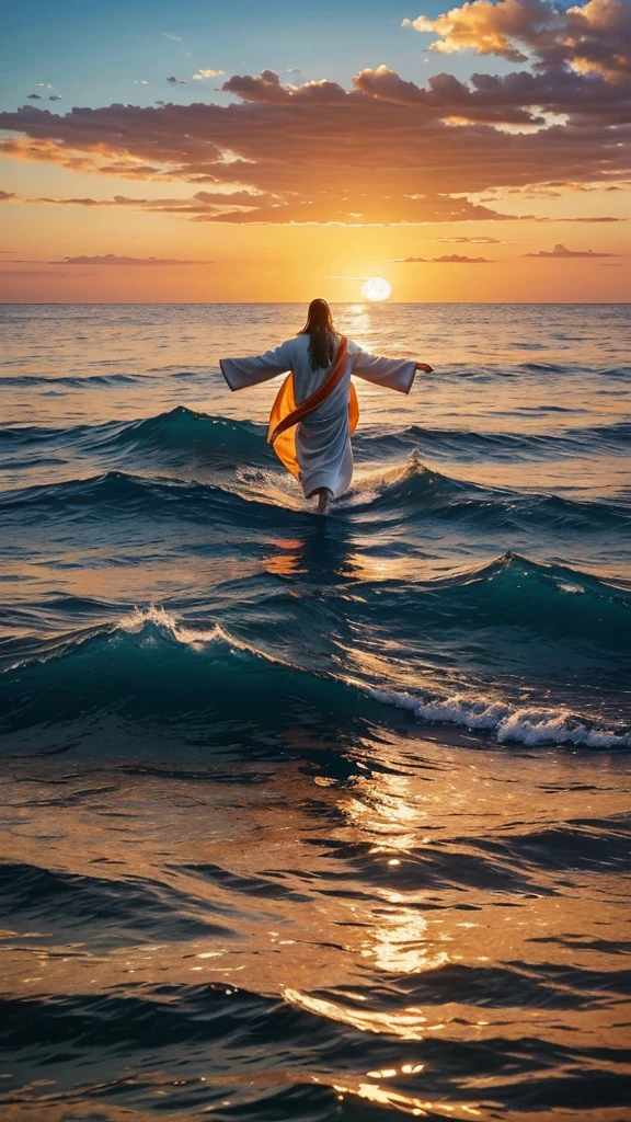 This image depicts a painting of a boat with a person standing in the water in telephoto. It is Jesus Christ walking on water with his arms outstretched upwards worshiping heaven. The scene is peaceful, with clouds in the sky combining the colors sky blue and sunset orange and a sense of tranquility. The colors of the painting are mainly earth tones, with warm orange accents.