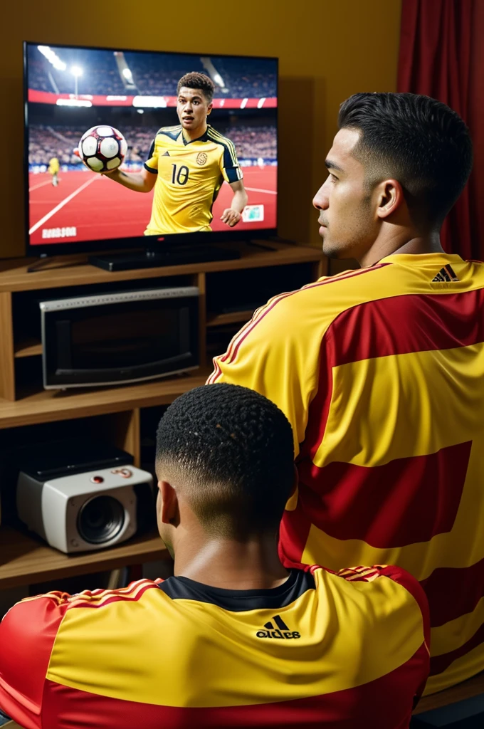 Man watching soccer game on red and yellow television 