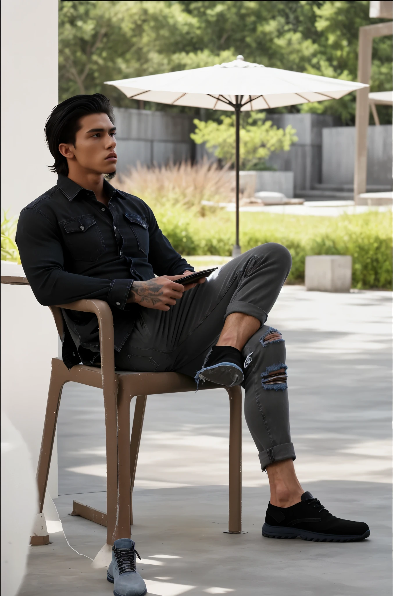 A normal medium well defined beginner physique youthful male model who is handsome, wearing( Mens grey,blacktie-dye pattern denim full arm oversized shirt and black torn jeans