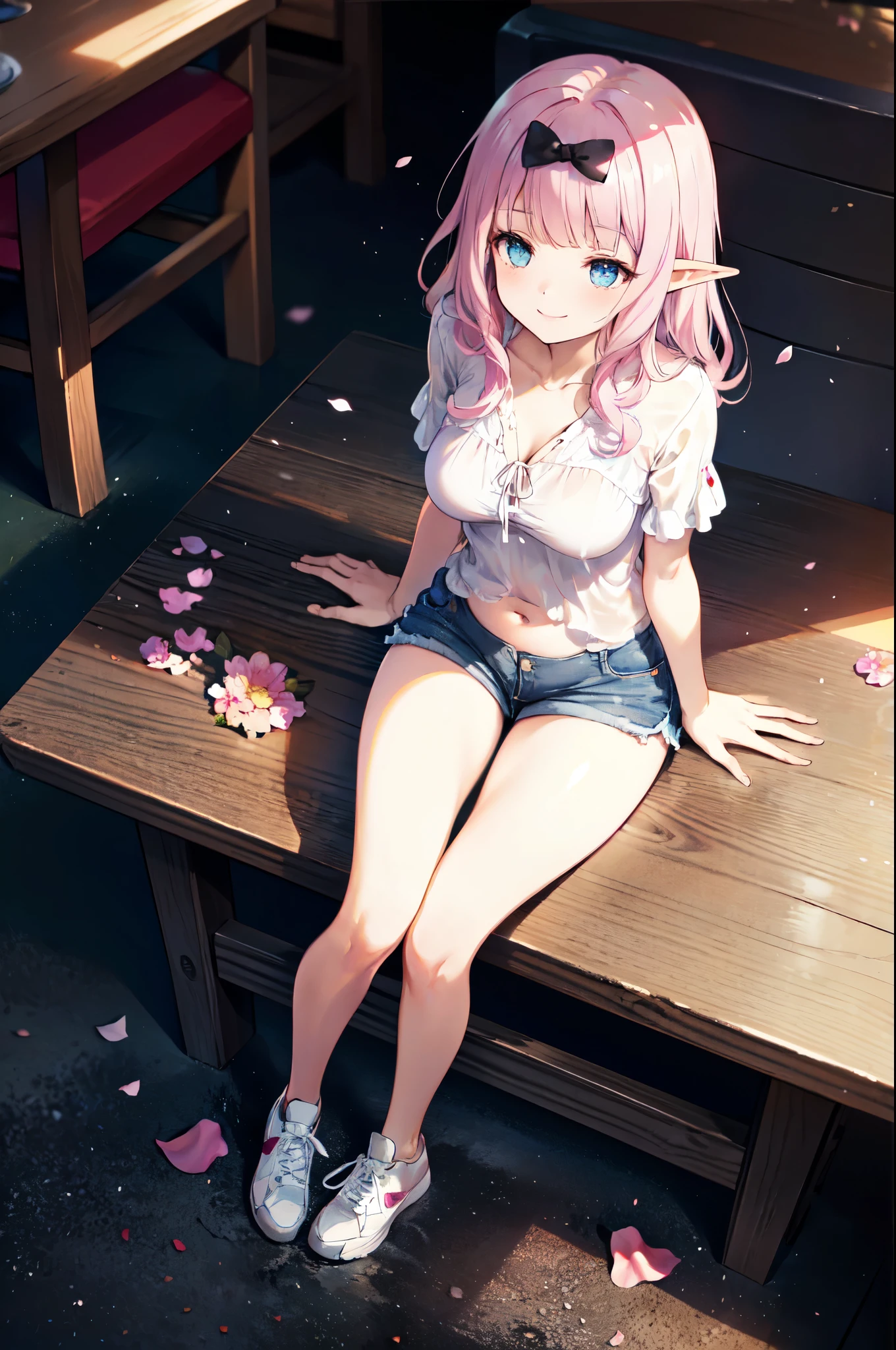 realistic image, detailed image, coherent image, 1 beautiful elf, she has very long hair, she has a black bow in her square bangs, pink hair, light blue eyes, smiling, winking, she is wearing a loose blouse, showing navel, mini jean shorts, sneakers, She has a curvy body, big breasts and thick thighs, She is sitting, sitting sensually, showing her legs, arching her back, surrounded by falling flower petals around, inside a restaurant, full body view, view from above, sunset, twilight, Soft focus, Dramatic shadows, Volumetric lighting, natural lighting,chika fujiwara