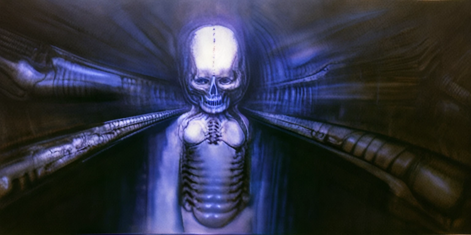 g1g3r, Giger_style, The image is a detailed view of H.R. Giger's \" Li II \" plate, featuring a complex network of bones and organs in a purple-brown hue ,swirling gray and brown colorsgroup of three alien figures positioned in the foreground. Emaciated and skeletal, with hollow eyes, they appear to be constructed from bone and metallic elements, a characteristic fusion of organic and mechanical forms found in Giger's biomechanical art.
The image features a robotic humanoid figure with intricate mechanical details, standing in a room with a glowing screen displaying the word \"EVE\" and a hand reaching out to touch its face. The background is a dark and limited space painted in a uniform blue-green color. This lack of detail keeps the focus on the figures and creates a sense of mystery about their environment. Receding into the distance are a series of arches and tunnels that hint at a larger biomechanical landscape, possibly the work of the creatures themselves The artwork is silver and purplish brown, with an ivory bones prominently displayed. The image is highly detailed and intricate, almost like a 3d version of a medical diagram (detailed view of an anatomy model, possibly of a human body, with transparent organs and bones exposed). The piece has a thick mechano-organic texture and is covered in fine details. The image has a swirling, organic quality to it. The artistic manner would be unmistakably Gigeresque. A dark and unsettling beauty would permeate the piece, blurring the lines between fascination and repulsion , forever haunted by the grotesque allure. Giger's signature artistic manner would be evident in every stroke. The airbrush would be wielded with masterful precision to create a hyperrealistic yet nightmarish aesthetic.., ooze soaked pajama top