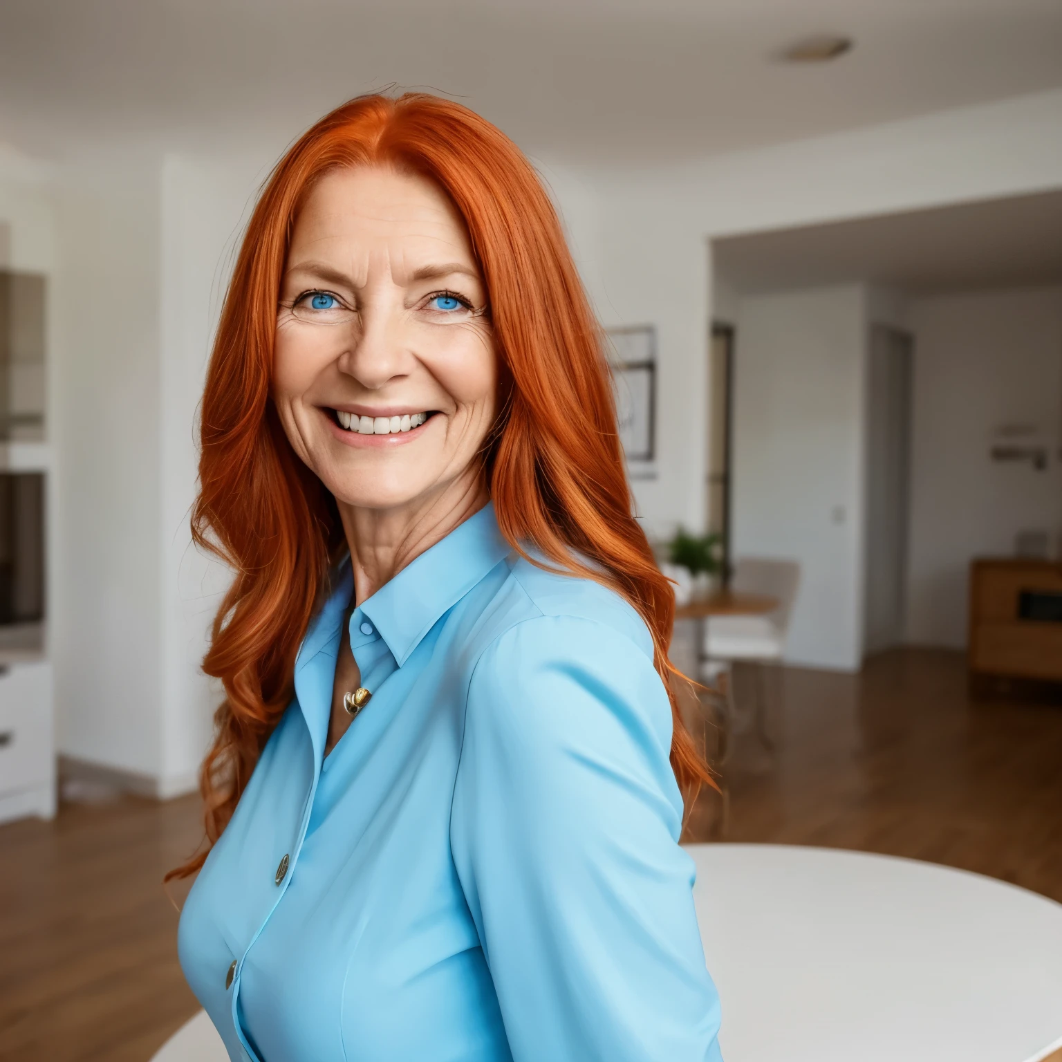 Create an image of a beautiful elderly woman, 64 years old, without wrinkles and expressions of age, white, European features, 1.60, long vibrant natural red hair, light blue eyes symbolizing passion and energy, overweight, wearing elegant clothes, inspiring and modern. Posture of a rich and successful woman. Setting: It should be in a modern residential setting. Posture: A confident and imposing posture, with a determined look and clear vision. An inspiring smile that suggests empowerment and accessibility. 
