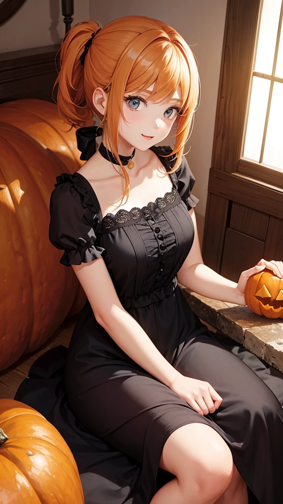 Girl with pumpkin-like hairstyle.Wearing a gorgeous dress