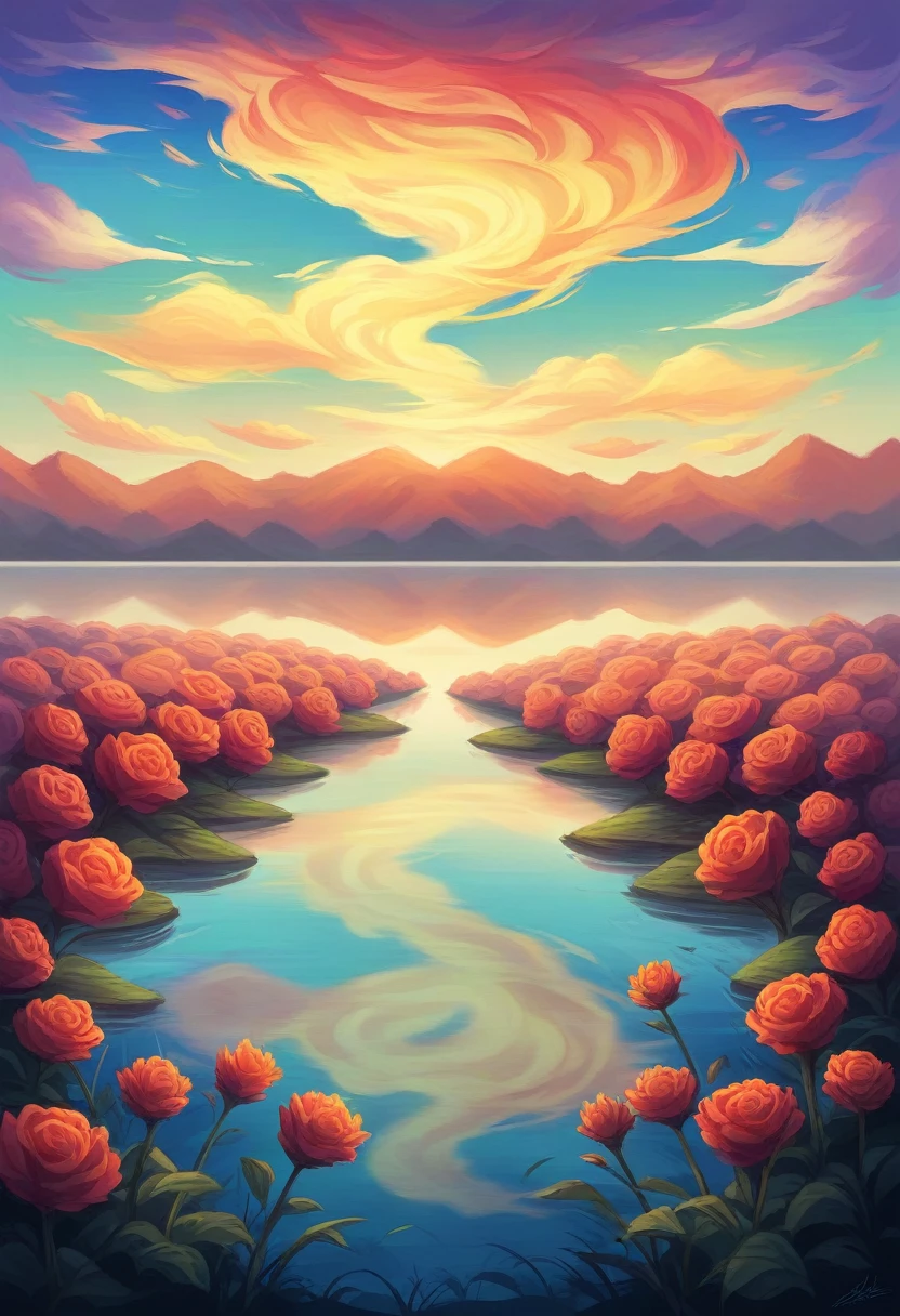 There is a beautiful sunset, the hillside is covered with flowers and plants, the flowers are close up, the colorful sky, surreal colors, the colorful sunsets, the colorful sky, the wonderful reflection of the sky, the amazing sky, 8K fantastic atmosphere, colored clouds, the reflection of color in the lake, the surreal sky, the red and blue reflection, the reflection of fire, the beautiful sky, the beautiful and spectacular sunset, the beautiful dream landscape, the amazing sky