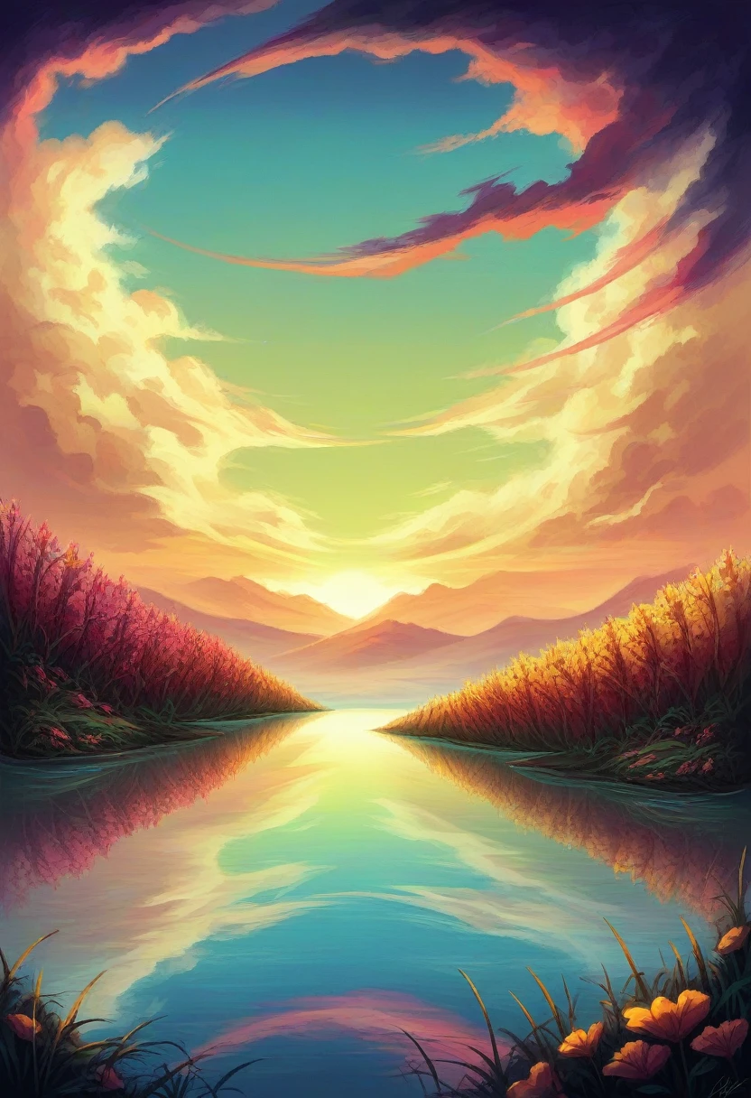 There is a beautiful sunset, the hillside is covered with flowers and plants, the flowers are close up, the colorful sky, surreal colors, the colorful sunsets, the colorful sky, the wonderful reflection of the sky, the amazing sky, 8K fantastic atmosphere, colored clouds, the reflection of color in the lake, the surreal sky, the red and blue reflection, the reflection of fire, the beautiful sky, the beautiful and spectacular sunset, the beautiful dream landscape, the amazing sky