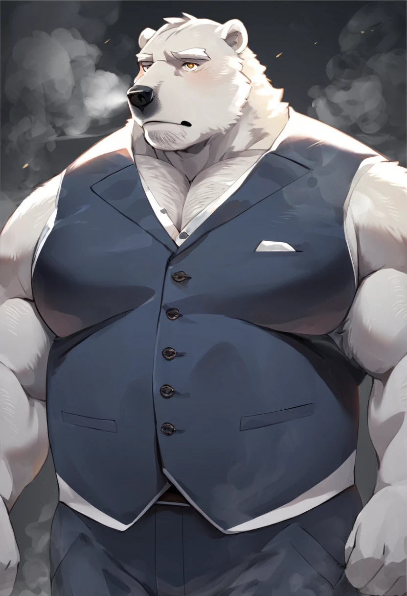 polar bear，personification，Mature male，Strong Man，White hair，naked，Cold expression，Golden pupils，Suit attire，whole body，The Age of Steam。