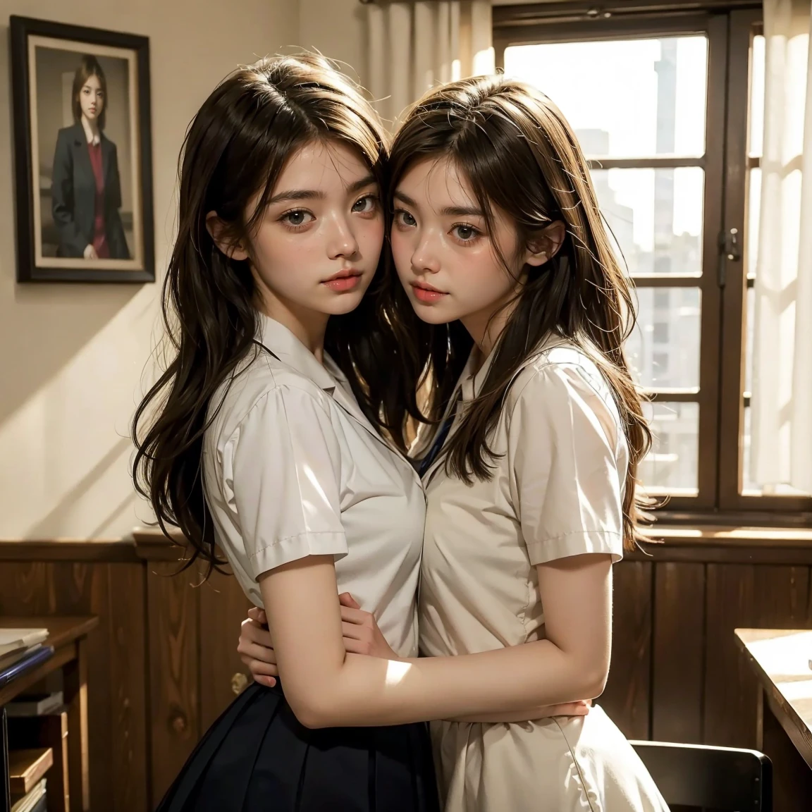 (masterpiece, best quality), perfect anatomy, perfect hands, two school girls are deeply in love with each other