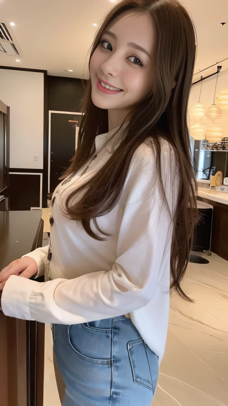 seed:2020674263.((Full body angle:1.1)).((highest quality, 8K, masterpiece:1.3)), ((from below:1.1)).concentrated:1.2, Perfect body beauty:1.4, Hips:1.2, ((Delicate Hair)), (Colorful button-through crop shirt :1.1) , ((highest quality、8K、masterpiece:1.3))、1 Girl、A sloppy smile、Esbian all over、Slim face、Big Boobs、Beautiful woman、(Dark Brown Hair)、Long Hair、1.1、Flickering Valley、Detailed eyes、double eyelid、Blurred Background、超Slim face、Smile、Looking down、stroll、