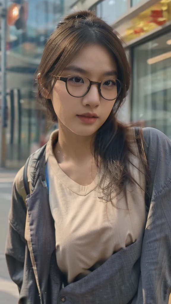 a cute tan Chinese girl wearing glasses, jeans, beautiful detailed eyes, beautiful detailed lips, extremely detailed face, long eyelashes, photorealistic, 8k, ultra-detailed, physically-based rendering, vivid colors, professional photography