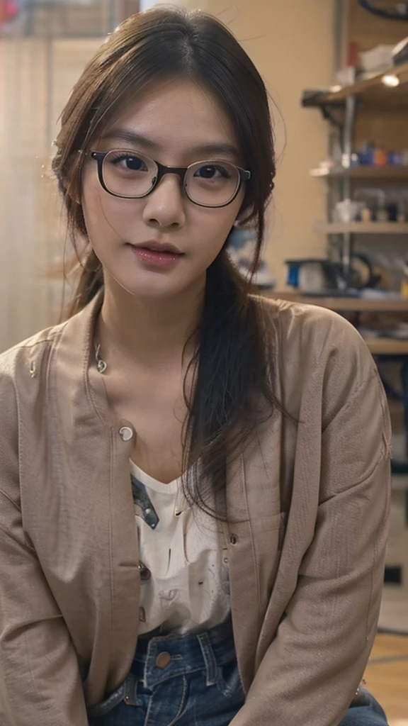 a cute tan Chinese girl wearing glasses, jeans, beautiful detailed eyes, beautiful detailed lips, extremely detailed face, long eyelashes, photorealistic, 8k, ultra-detailed, physically-based rendering, vivid colors, professional photography