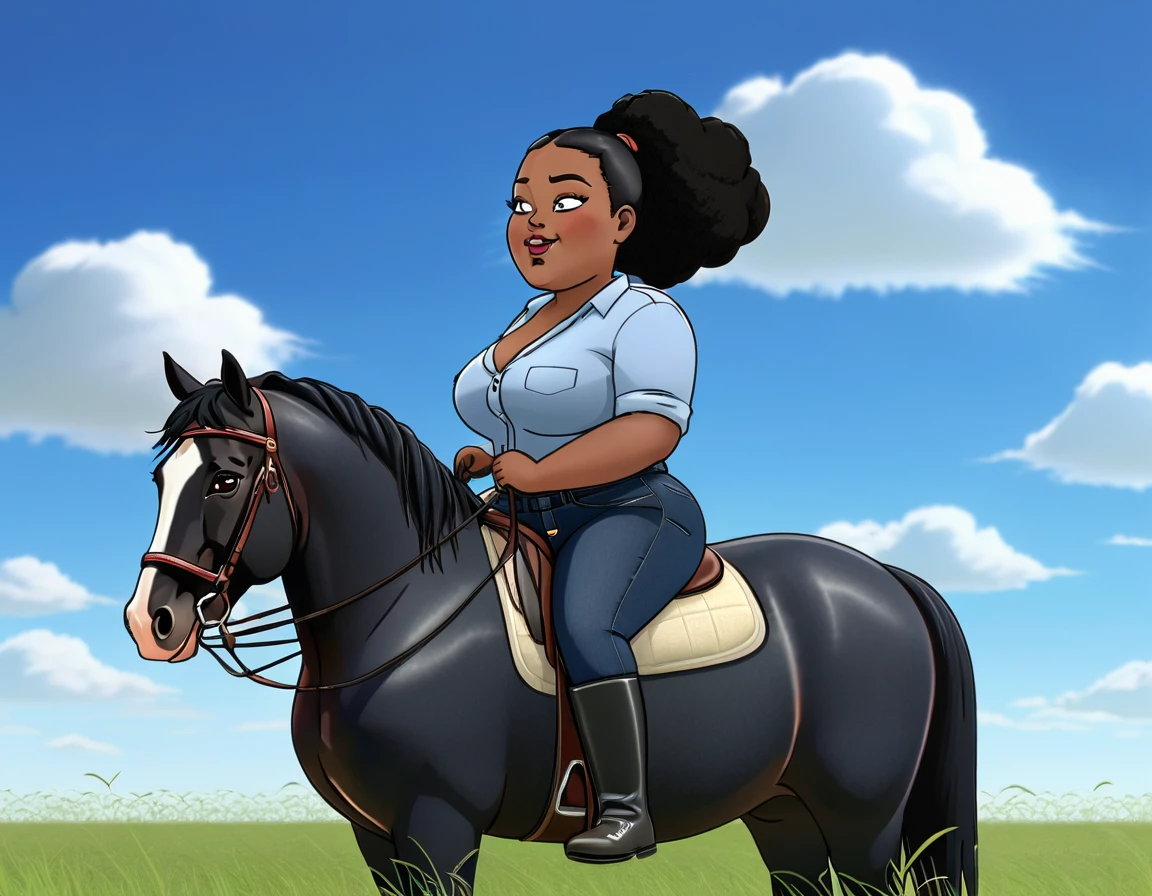 large African BBW woman (very full figured  black skinned ) nude.  riding big Shire horse (stallion). fat bum. flat grass. cloudless blue sky., black hair, short ponytail, dilated pupils, smelling, open mouth, high detail, depth of field, UHD, masterpiece, anatomically correct, accurate, super detail, highres, 16k meadow.  cloudless blue sky. 