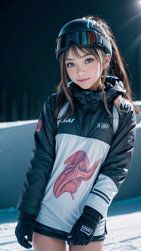 ((A girl playing on the slopes)), (beautiful girl, Cute face, Japanese Idols), Outstanding Style, ((Detailed eyes and face, Professional photography techniques, Cinema Lighting)), Detailed hands, (Highest quality, 8K, masterpiece:1.2, RAW Photos), (Reality:1.4), View the viewer, ((Stylish snowboard wear:1.2)), (Perfect Anatomy:1.3)
