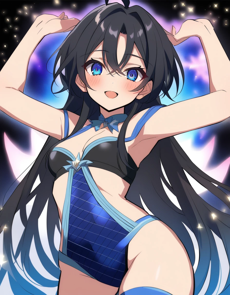 vtuber, Ichinose Uruha, Anime girl with black hair, blue mesh and blue eyes, I can see her black underwear, Enchanting anime girl, Anime Moe Art Style, Ridiculous Swimsuit, , Devil's Child Single