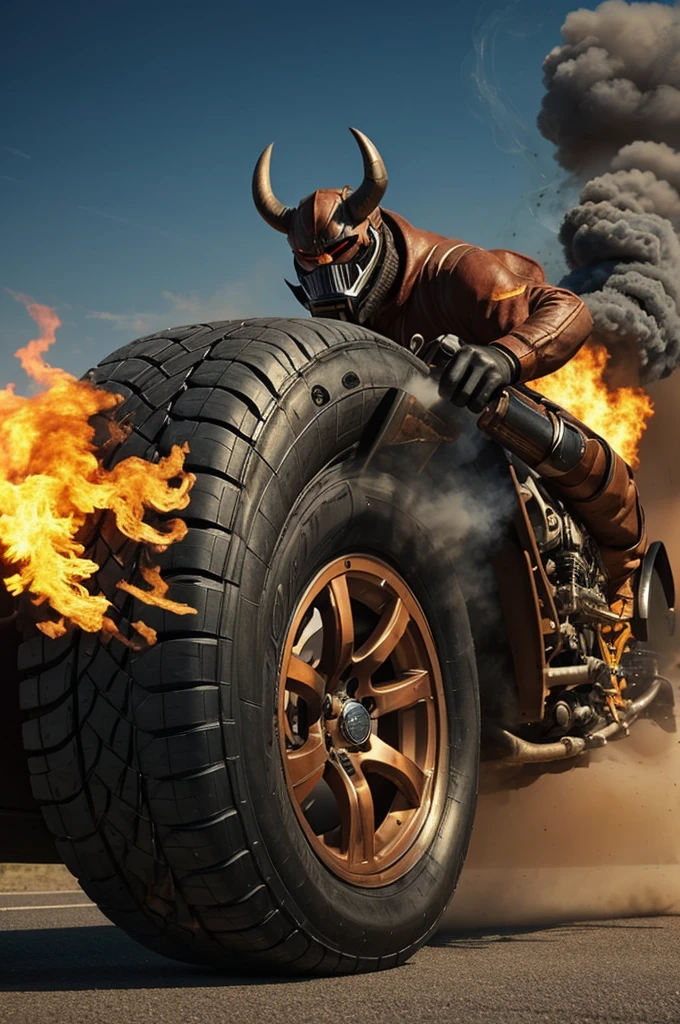 ((best quality)), ((masterpiece)), (detailed), a big devil, a skidding tire with smoke and a lot of money on the side
