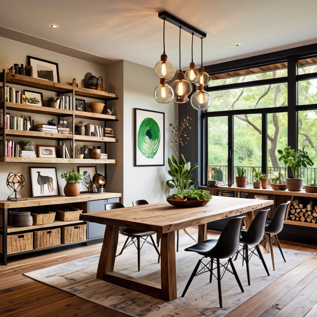 Design a cozy and eclectic dining area with a mix of modern and rustic elements. The room features a wooden dining table with a variety of chairs, including modern and rustic styles. The walls are adorned with various framed artworks and a bookshelf filled with books and decorative items. A unique pendant light hangs above the table, providing warm lighting. Add potted plants on the table and around the room to bring a touch of nature indoors. Ensure the space is well-lit by natural light, creating a welcoming and comfortable atmosphere.