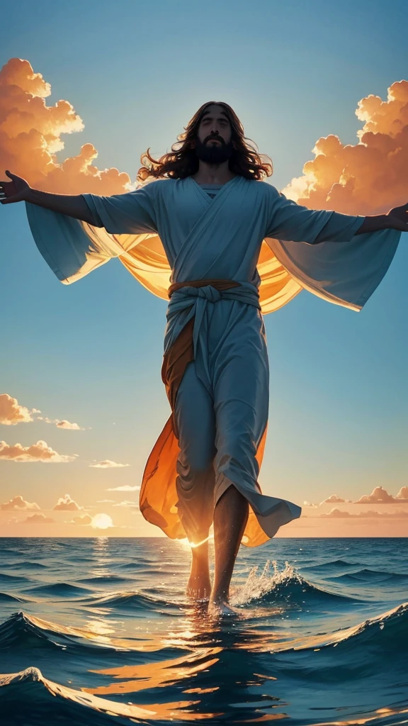 This image depicts a painting of a boat with a person standing in the water in telephoto. It is Jesus Christ walking on water with his arms outstretched upwards worshiping heaven. The scene is peaceful, with clouds in the sky combining the colors sky blue and sunset orange and a sense of tranquility. The colors of the painting are mainly earth tones, with warm orange accents.