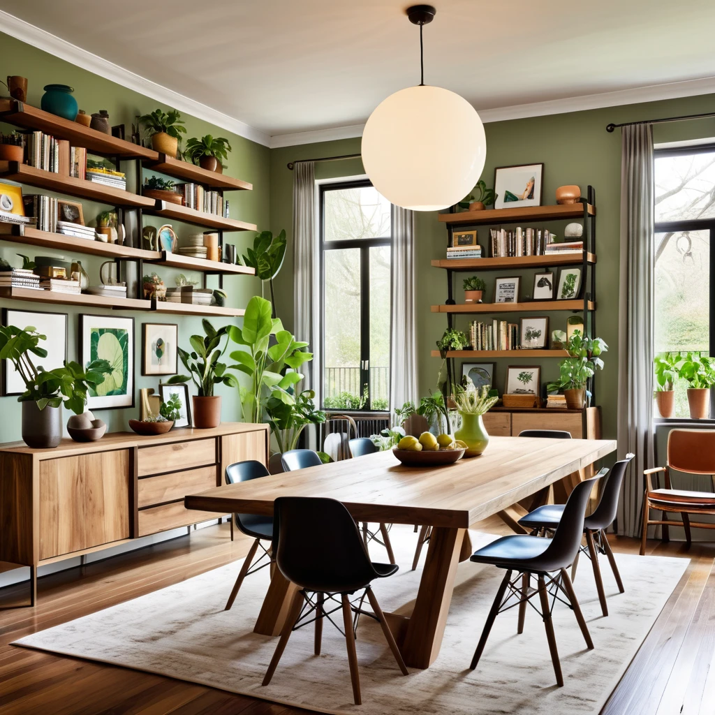Create a charming dining room that combines contemporary and vintage elements. The space includes a wooden dining table surrounded by a mix of modern chairs and classic wooden chairs. Decorate the walls with an assortment of framed artworks and bookshelves showcasing books and decorative objects. A distinctive pendant light hangs above the table, casting a warm and inviting glow. Add potted plants on the table and around the room to infuse a sense of nature and freshness. The room should be illuminated by ample natural light, enhancing the cozy and eclectic vibe