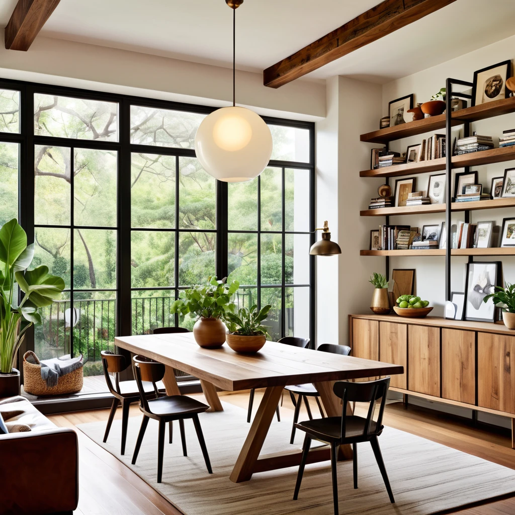 Create a charming dining room that combines contemporary and vintage elements. The space includes a wooden dining table surrounded by a mix of modern chairs and classic wooden chairs. Decorate the walls with an assortment of framed artworks and bookshelves showcasing books and decorative objects. A distinctive pendant light hangs above the table, casting a warm and inviting glow. Add potted plants on the table and around the room to infuse a sense of nature and freshness. The room should be illuminated by ample natural light, enhancing the cozy and eclectic vibe