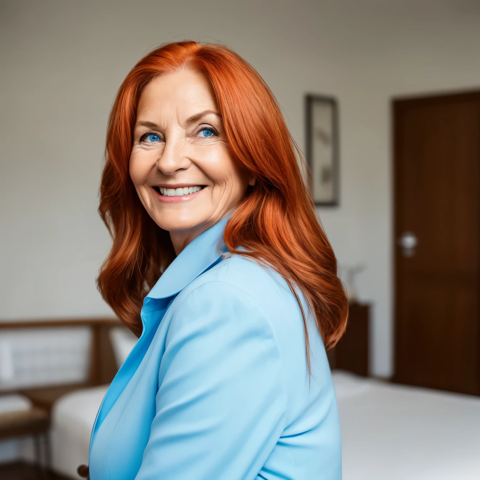 Create an image of a beautiful elderly woman, 64 years old, without wrinkles and expressions of age, white, European features, 1.60, long vibrant natural red hair, light blue eyes symbolizing passion and energy, overweight, wearing elegant clothes, inspiring and modern. Posture of a rich and successful woman. Setting: It should be in a modern residential setting. Posture: A confident and imposing posture, with a determined look and clear vision. An inspiring smile that suggests empowerment and accessibility.