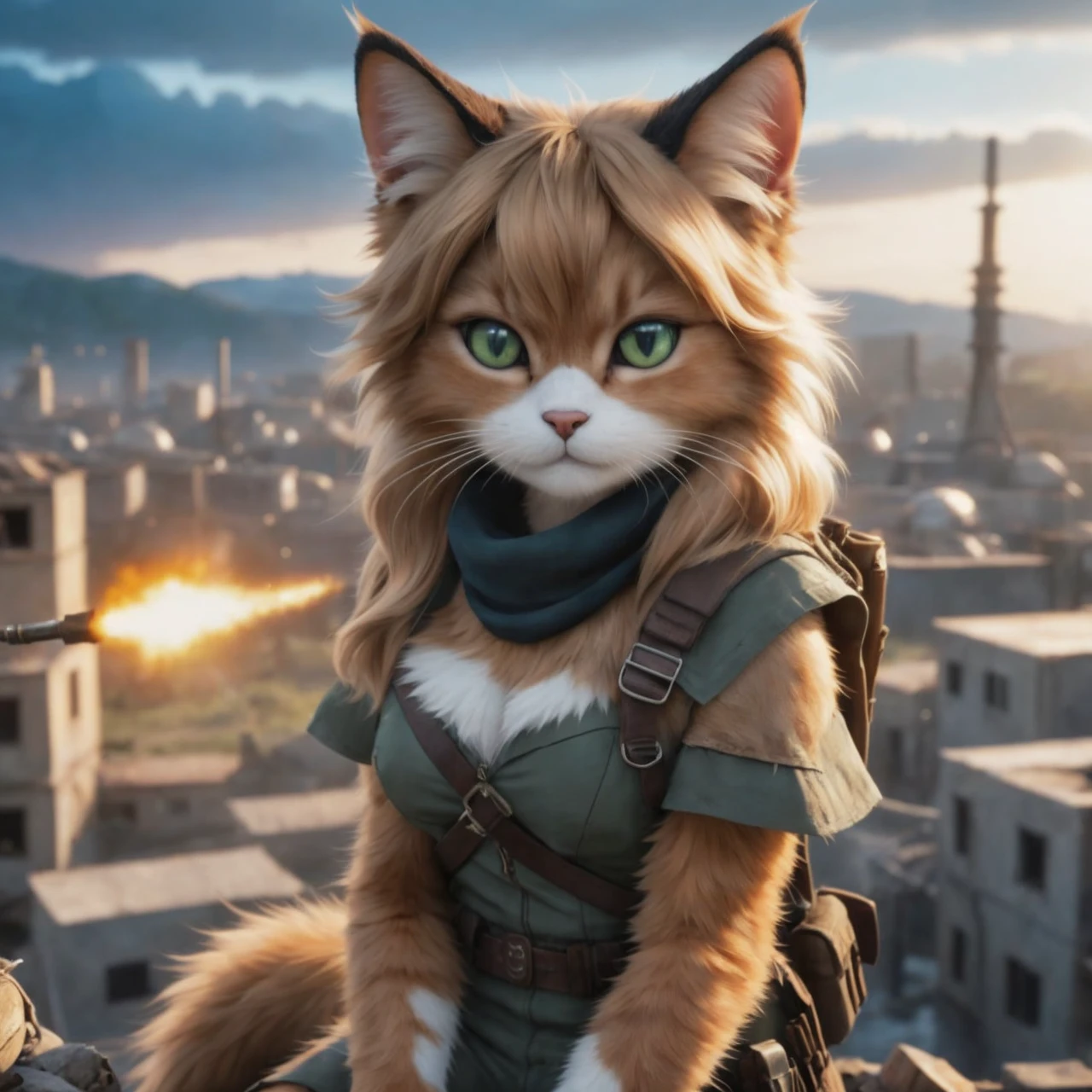 A detailed description of this image and、それを元に数枚のバリエーションを生成するpromptを作成します。
### Detailed description of the image - **character**: 猫の擬人化characterで、Has green eyes。The expression is calm and composed。
- **clothing**: Wearing combat uniform、carrying a backpack on one's shoulders。The clothes are mostly green、Comes with a brown belt or strap。
- **Hairstyle**: Long golden hair fluttering in the wind。
- **background**: Battlefield cityscape。I can see buildings and chimneys in the distance.、It also contains scenes of firearms being fired.。
- **atmosphere**: But in battle、characterは前を向いてポーズを取っている。In contrast to the tension around、character自身は冷静である。
### バリエーションを生成するprompt
1. **異なるbackground**: 平和な村のbackgroundで、同じcharacterがリラックスしているシーン
- **prompt**: "A humanoid cat character with green eyes and long blonde hair, wearing a green combat outfit with brown belts and straps, standing calmly in a peaceful village setting. The character appears relaxed, contrasting with the serene village background with houses and trees."
2. **Different facial expressions**: characterが笑顔で友好的な表情をしているシーン
- **prompt**: "A humanoid cat character with green eyes and long blonde hair, wearing a green combat outfit with brown belts and straps. The character is smiling warmly and has a friendly expression, set against a battlefield background similar to the original image."
3. **異なるclothing**: characterがカジュアルなclothingをしているシーン
- **prompt**: "A humanoid cat character with green eyes and long blonde hair, wearing casual clothing like a t-shirt and jeans. The character is standing calmly with a casual pose in the same battlefield background."
4. **Different Actions**: characterが戦闘中の動きのシーン
- **prompt**: "A humanoid cat character with green eyes and long blonde hair, wearing a green combat outfit with brown belts and straps. The character is actively engaged in battle, in a dynamic fighting pose with weapons, set against a battlefield background with explosions and chaos."