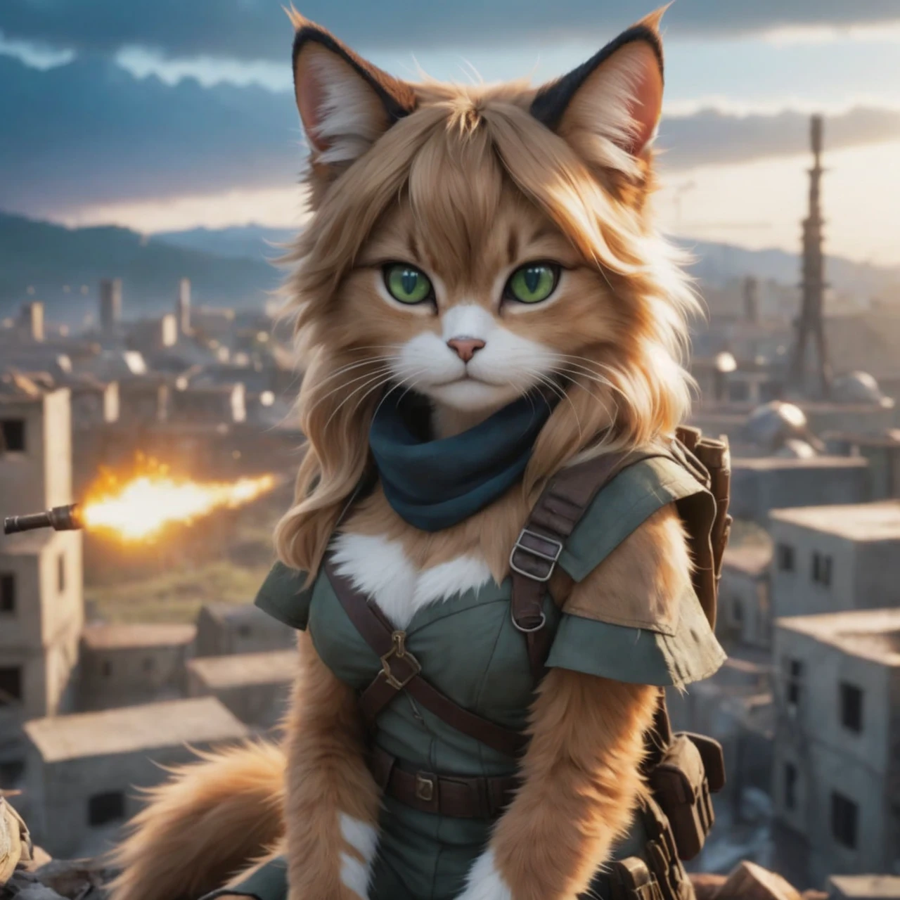 A detailed description of this image and、それを元に数枚のバリエーションを生成するpromptを作成します。
### Detailed description of the image - **character**: 猫の擬人化characterで、Has green eyes。The expression is calm and composed。
- **clothing**: Wearing combat uniform、carrying a backpack on one's shoulders。The clothes are mostly green、Comes with a brown belt or strap。
- **Hairstyle**: Long golden hair fluttering in the wind。
- **background**: Battlefield cityscape。I can see buildings and chimneys in the distance.、It also contains scenes of firearms being fired.。
- **atmosphere**: But in battle、characterは前を向いてポーズを取っている。In contrast to the tension around、character自身は冷静である。
### バリエーションを生成するprompt
1. **異なるbackground**: 平和な村のbackgroundで、同じcharacterがリラックスしているシーン
- **prompt**: "A humanoid cat character with green eyes and long blonde hair, wearing a green combat outfit with brown belts and straps, standing calmly in a peaceful village setting. The character appears relaxed, contrasting with the serene village background with houses and trees."
2. **Different facial expressions**: characterが笑顔で友好的な表情をしているシーン
- **prompt**: "A humanoid cat character with green eyes and long blonde hair, wearing a green combat outfit with brown belts and straps. The character is smiling warmly and has a friendly expression, set against a battlefield background similar to the original image."
3. **異なるclothing**: characterがカジュアルなclothingをしているシーン
- **prompt**: "A humanoid cat character with green eyes and long blonde hair, wearing casual clothing like a t-shirt and jeans. The character is standing calmly with a casual pose in the same battlefield background."
4. **Different Actions**: characterが戦闘中の動きのシーン
- **prompt**: "A humanoid cat character with green eyes and long blonde hair, wearing a green combat outfit with brown belts and straps. The character is actively engaged in battle, in a dynamic fighting pose with weapons, set against a battlefield background with explosions and chaos."