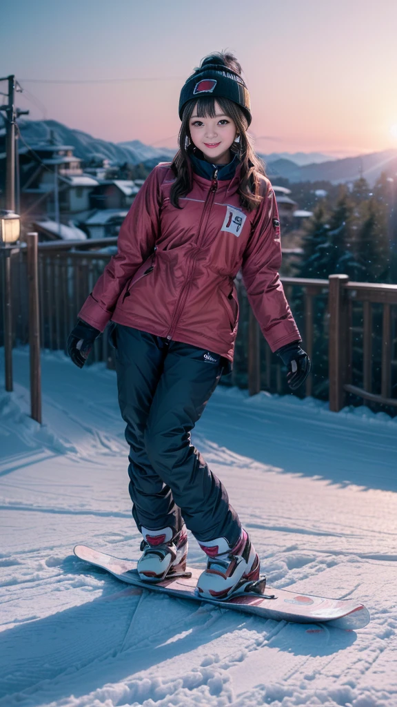 ((A girl playing on the slopes)), (Japanese, beautiful girl, Cute face), Perfect Style, ((Detailed eyes and face, Professional photography techniques, Cinema Lighting)), Detailed hands, (Highest quality, 8K, masterpiece:1.2, RAW Photos), (Reality:1.4), View the viewer, ((Cute Snowboard Wear:1.2)), (Perfect Anatomy:1.3)