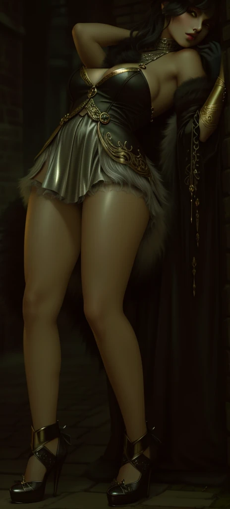 A werewolf, its fur a mix of silver and gold, eyes glowing with an otherworldly intensity. The image is a digitally rendered painting,Cropped shoulders, Mini skirt, Big thighs, Oily skin, The werewolf's claws are adorned with ornate Victorian engravings, contrasting against its savage appearance. The background is a smoky, dimly lit alleyway, adding an air of mystery to the already captivating creature. The overall
quality of the image is absolutely breathtaking, showcasing the artist's skill in blending fantasy and historical elements seamlessly.
and historical elements seamlessly.